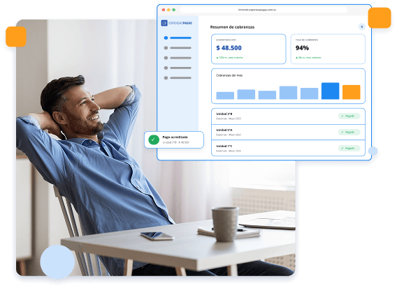 Administrador con café y notificaciones de cobranza
